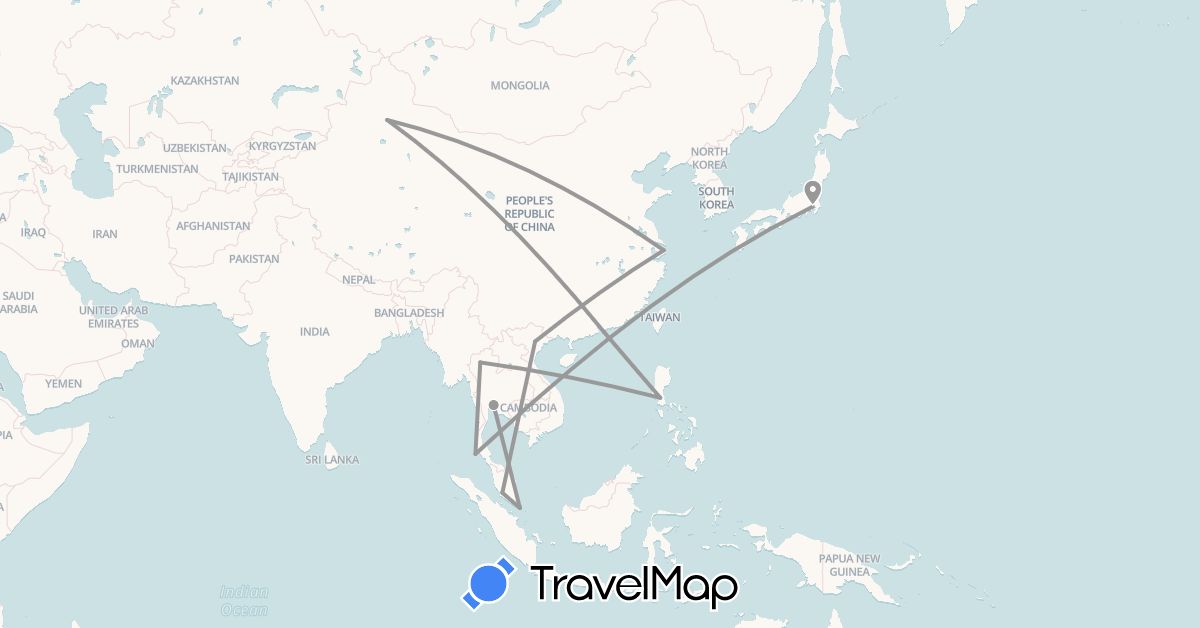 TravelMap itinerary: driving, plane in China, Japan, Malaysia, Philippines, Singapore, Thailand, Vietnam (Asia)